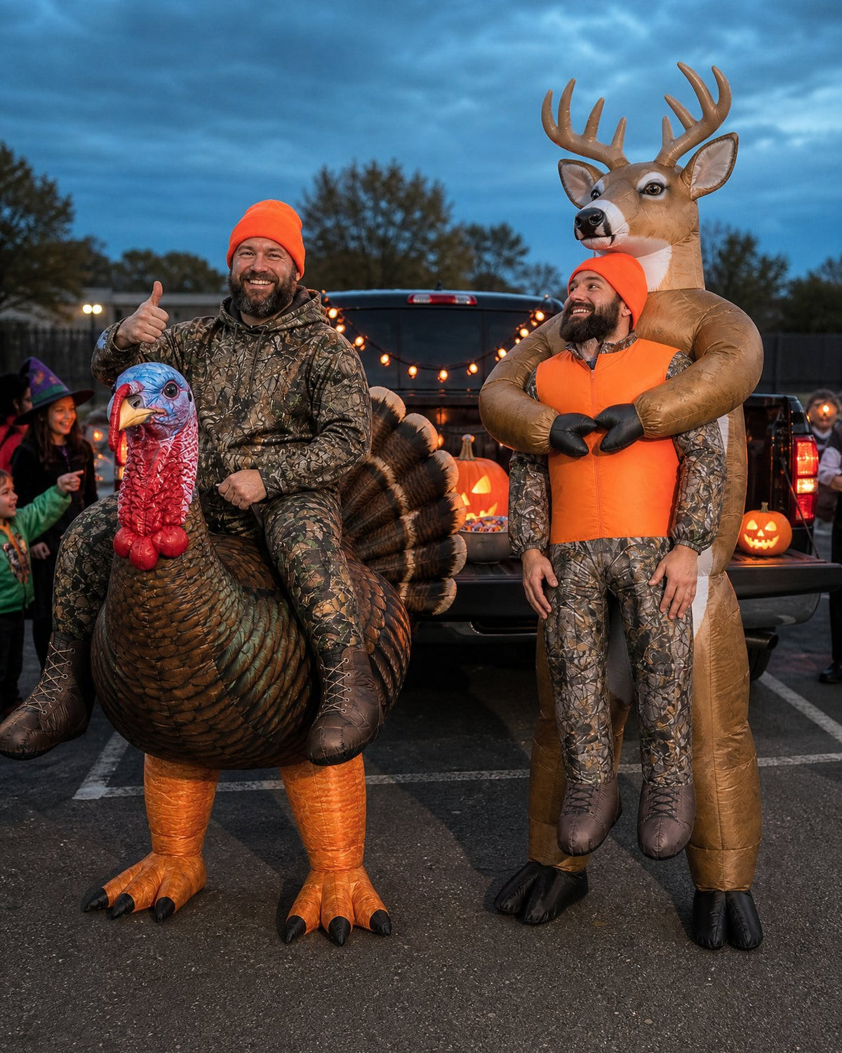 Two friends wearing the BUCKRIDE turkey and buck costumes at a trunk-or-treat